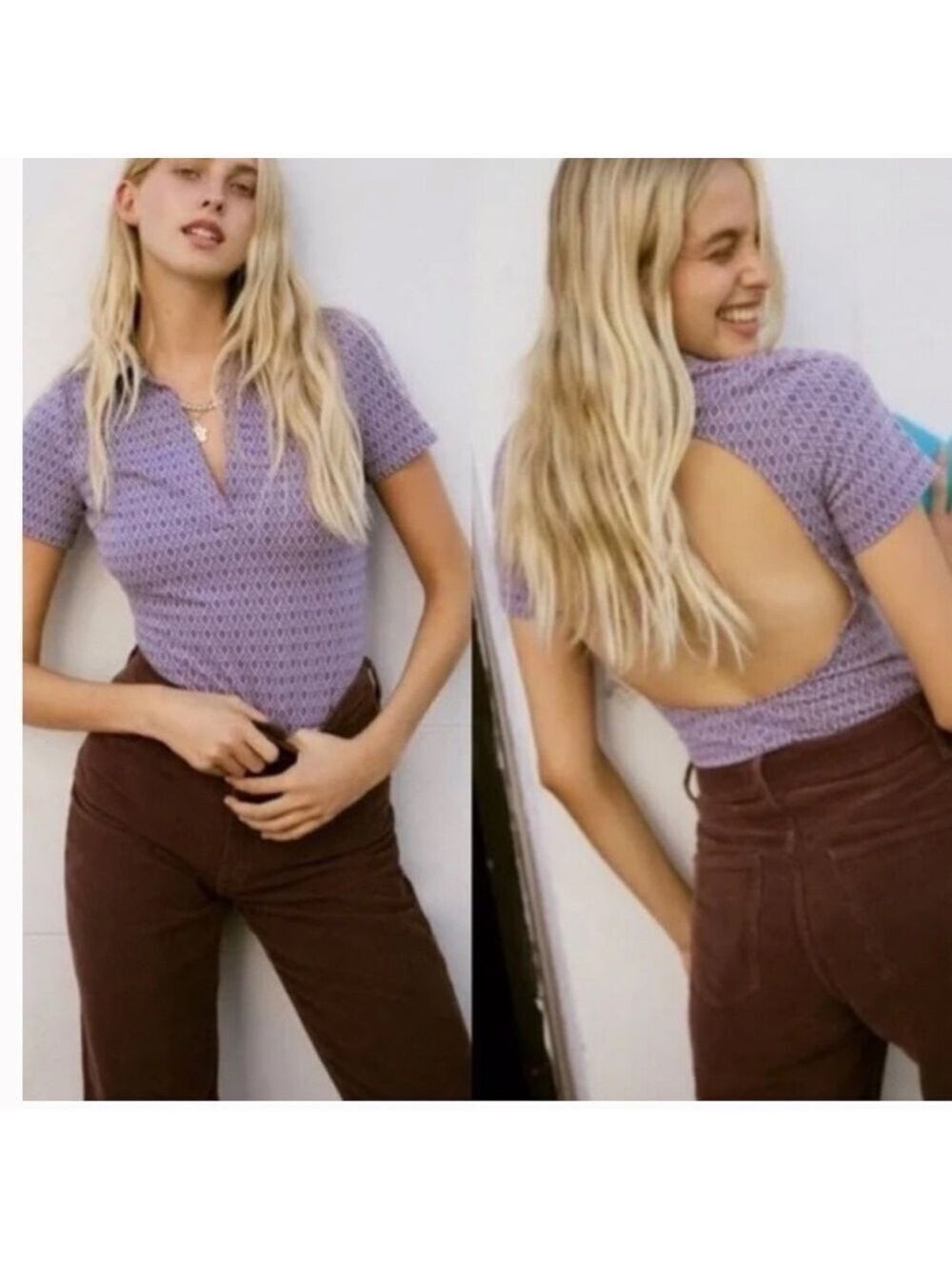 NWOT Zara Lilac Purple Geometric Print Open Back Bodysuit Size XL